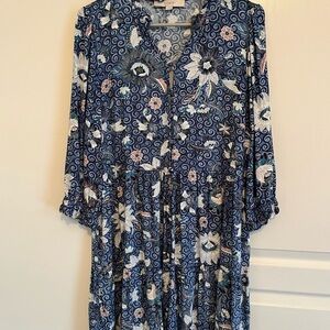 LOFT Navy Floral Long Sleeve Dress